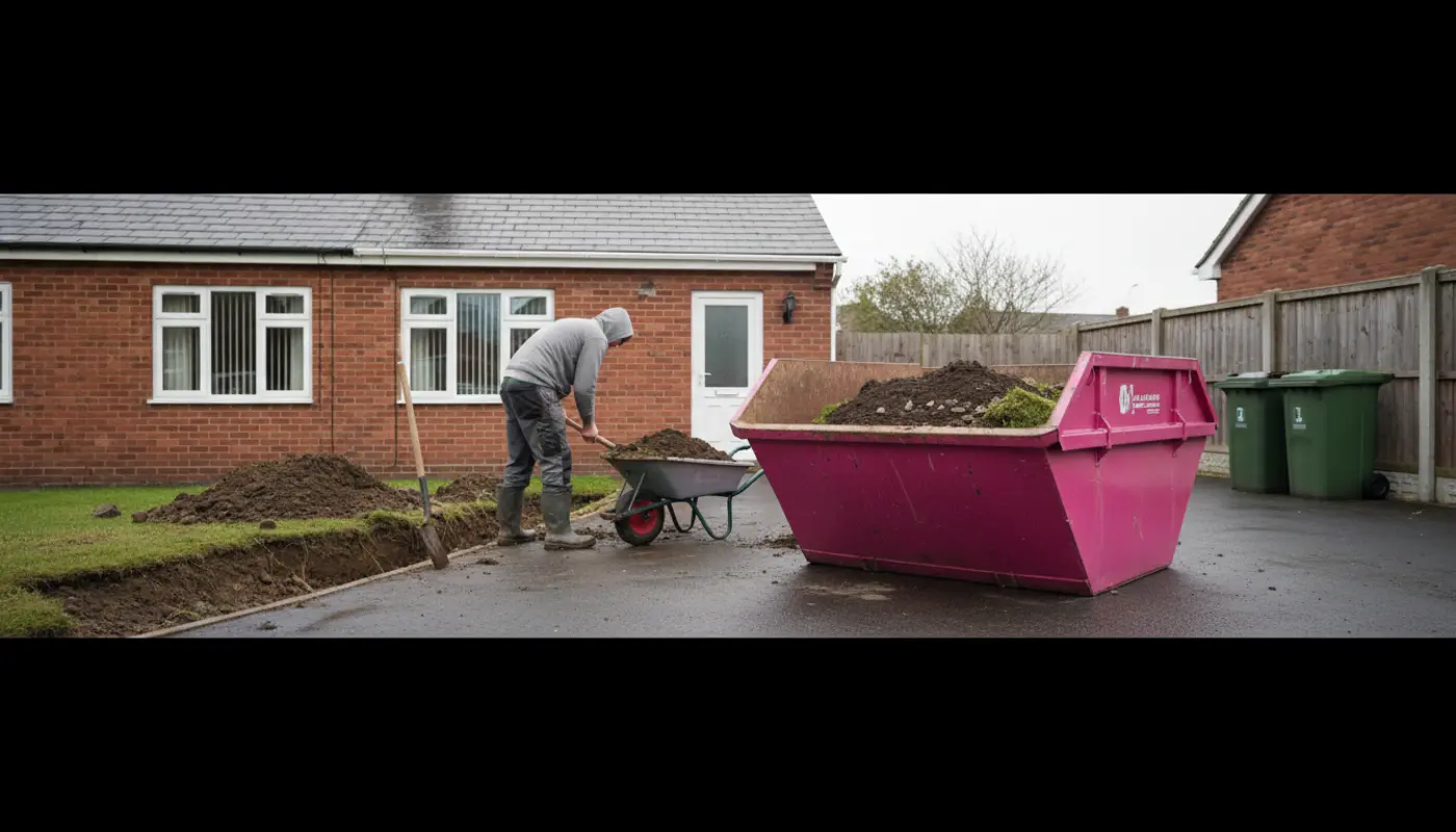 Small pink skip half filled with soil on a Manchester driveway during garden excavation.
