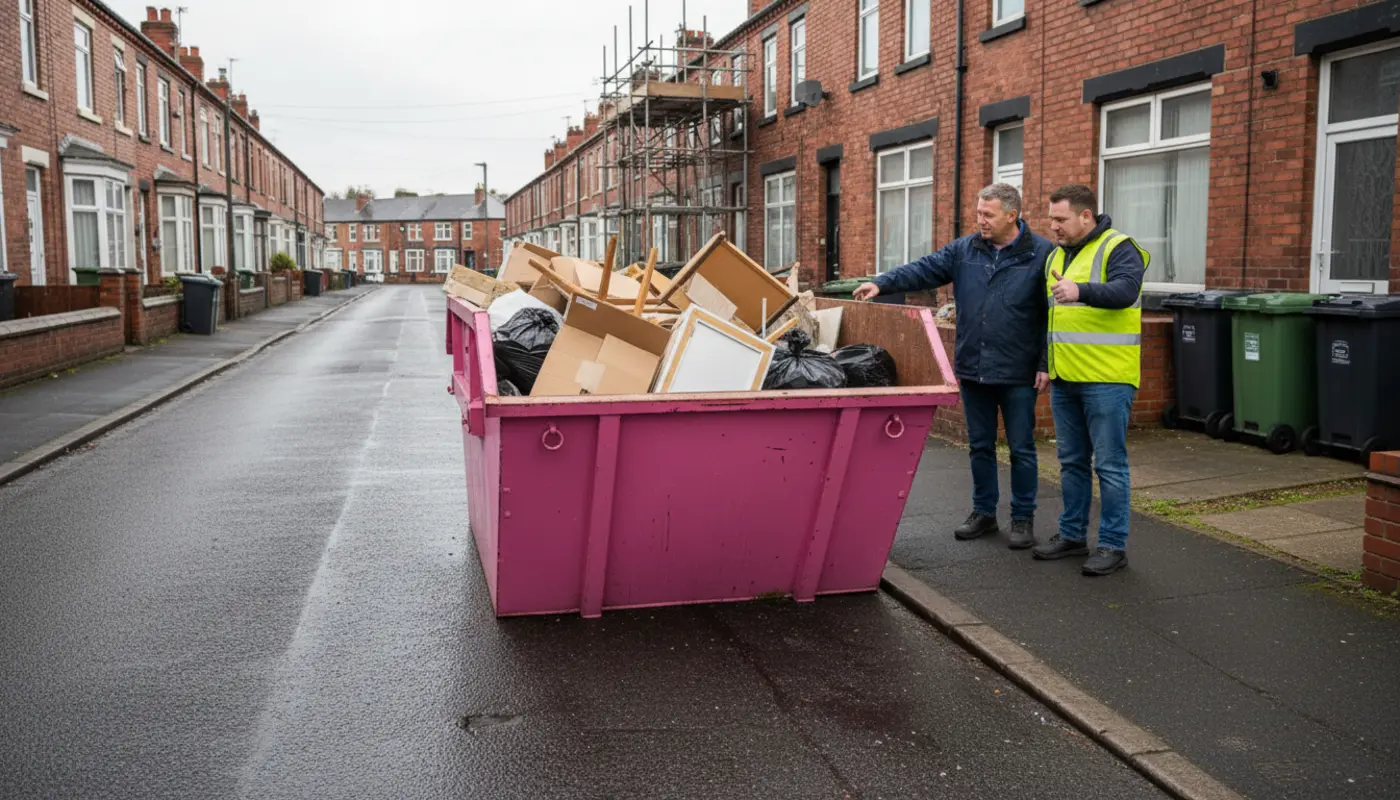 Pink skip safely filled below the rim with renovation waste on a Manchester residential driveway.