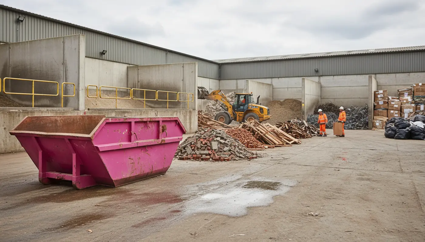 Pink skip waste being sorted for recycling at a Manchester waste transfer facility.