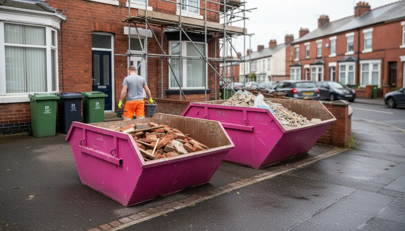 Pink 6 yard and 8 yard builders skips with construction waste at a Manchester house renovation.
